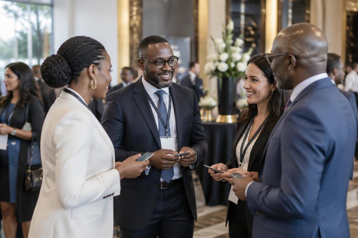 Illustrative image: delegates networking and exchanging contacts at a conference