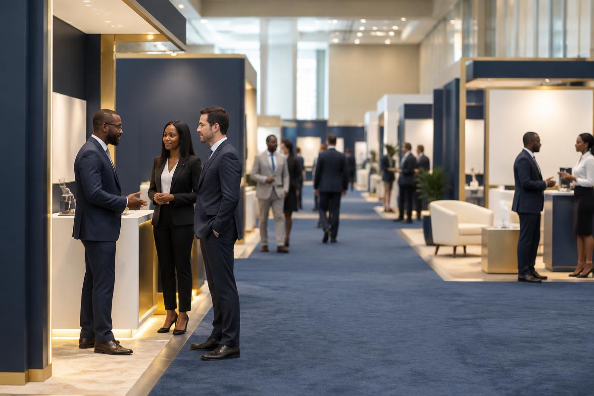 Illustrative image: exhibition hall with branded stands and visitors in conversation