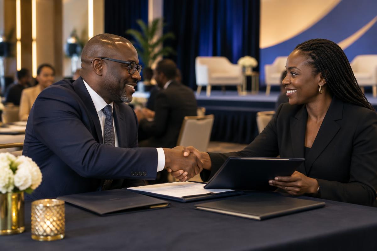 Illustrative image: event organiser and sponsor shaking hands over a proposal
