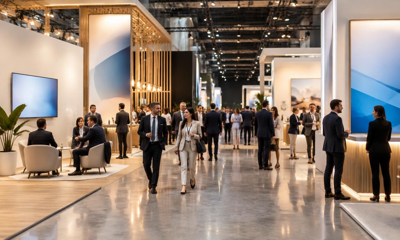 Illustrative image of a busy exhibition floor, with delegates walking between stands and networking in lounge areas.