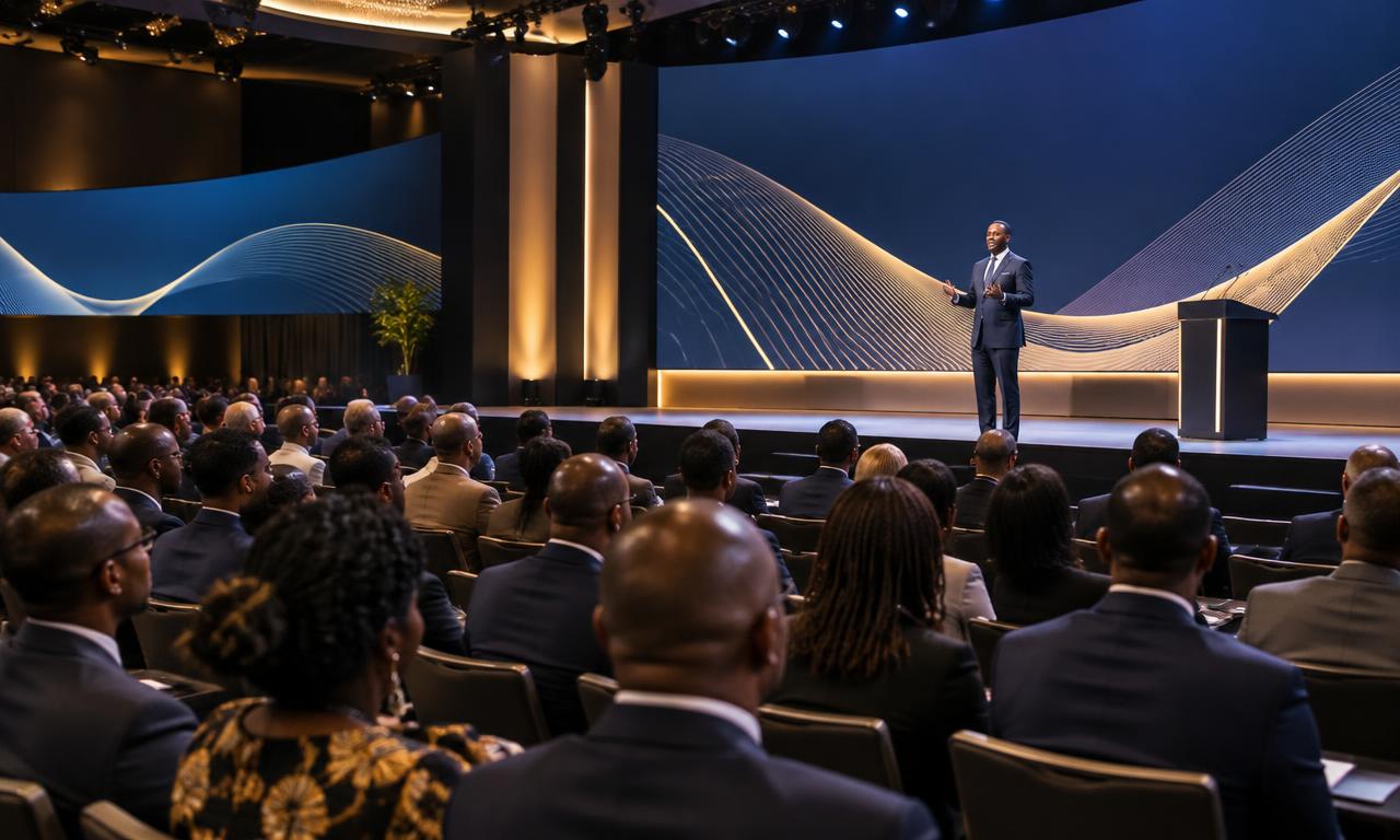 Illustrative image of a conference keynote, with a speaker on stage addressing a seated business audience.